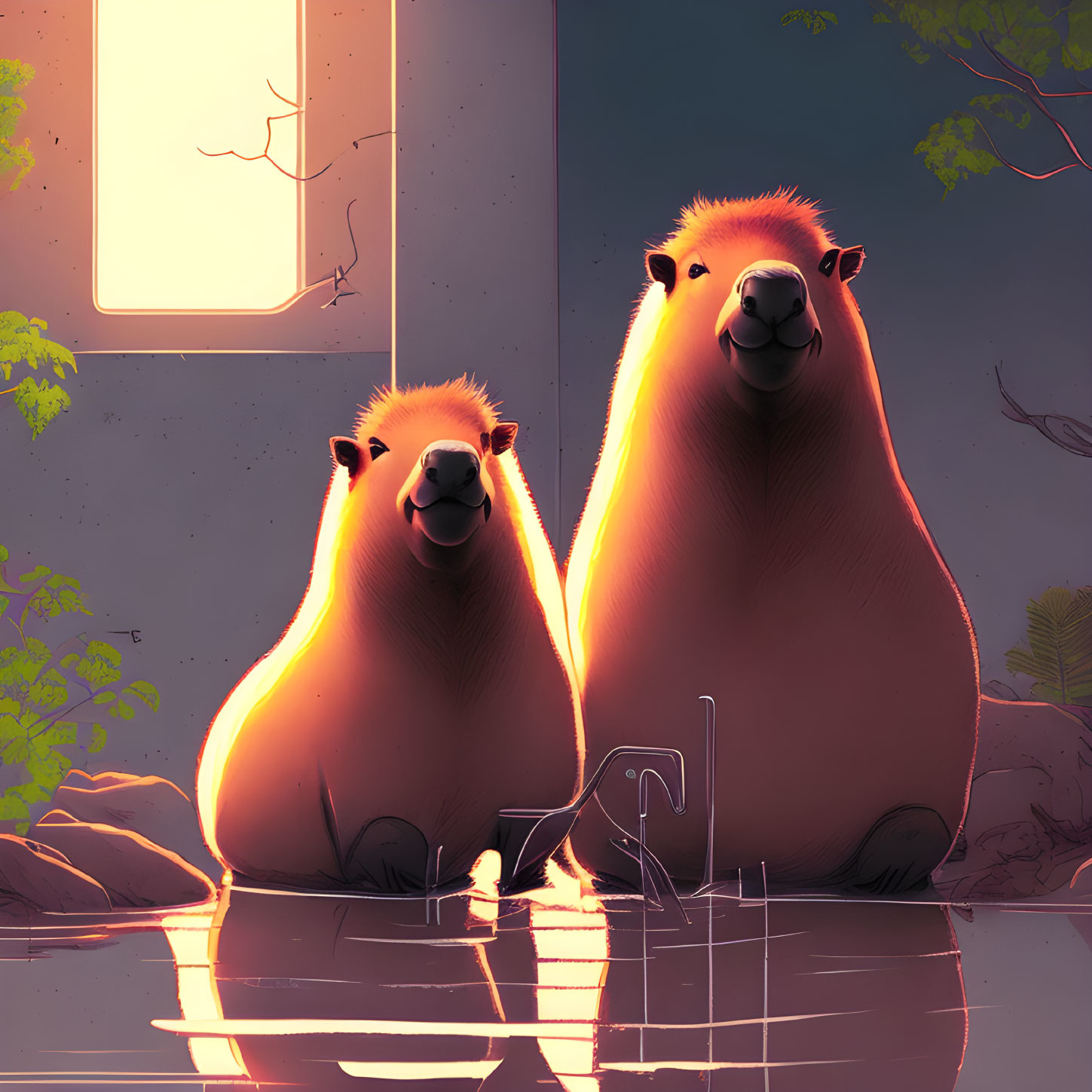 Capybaras in Warm Light by Water Source