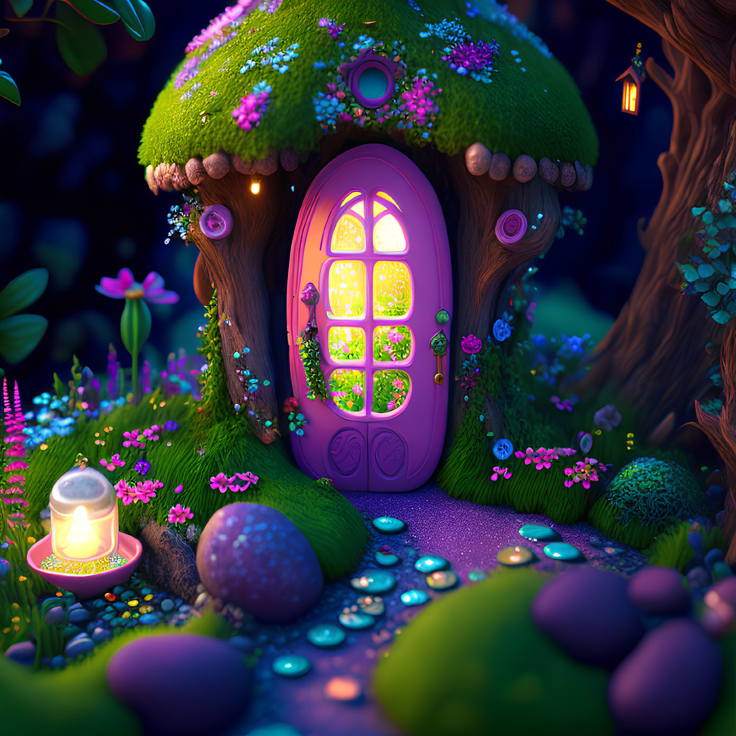 Whimsical fairy-tale house in mystical forest at twilight