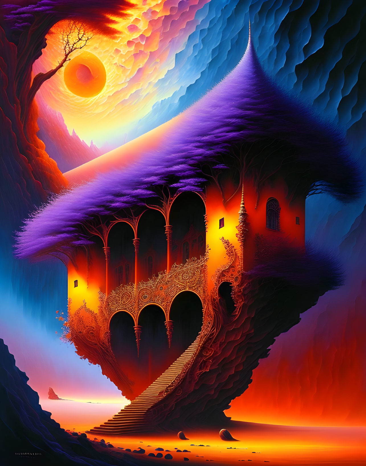 Surreal landscape with fiery-orange and deep-blue colors and fantastical tree-like structure