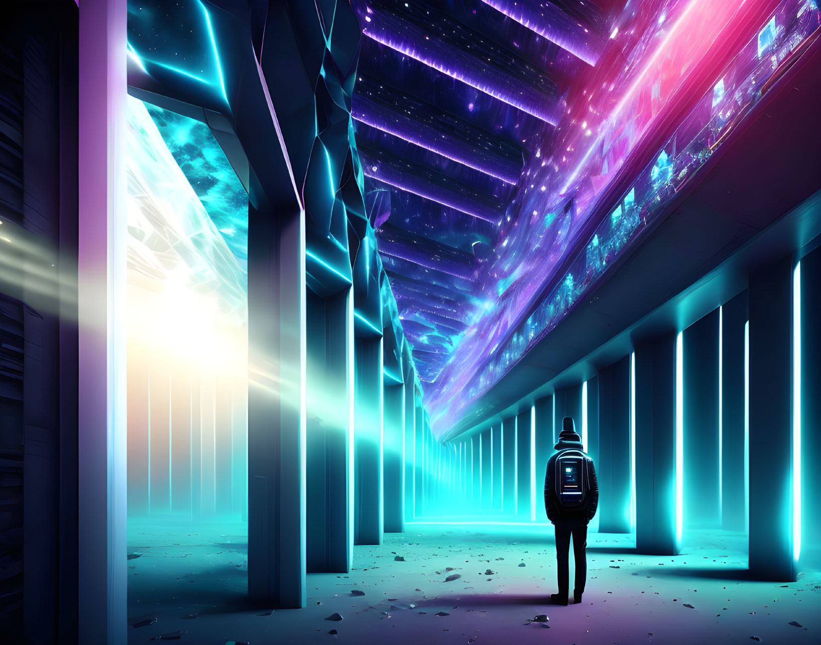 Futuristic tunnel with neon lights and bright glow