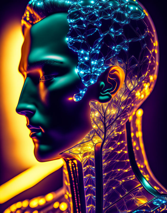 Colorful digital art featuring glowing brain and tree-like structures