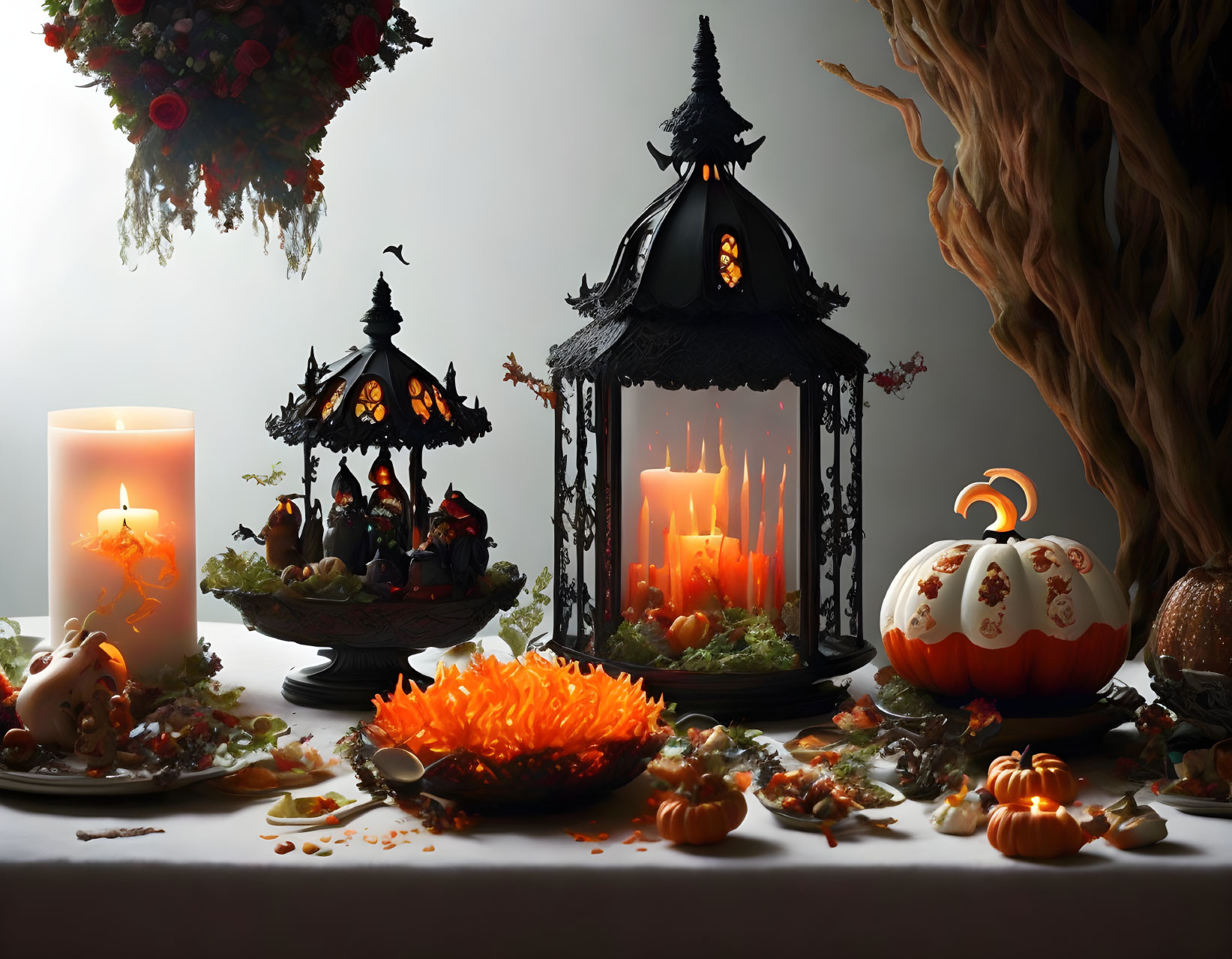 Festive Halloween-themed still life with candles, lanterns, pumpkins, and sweets