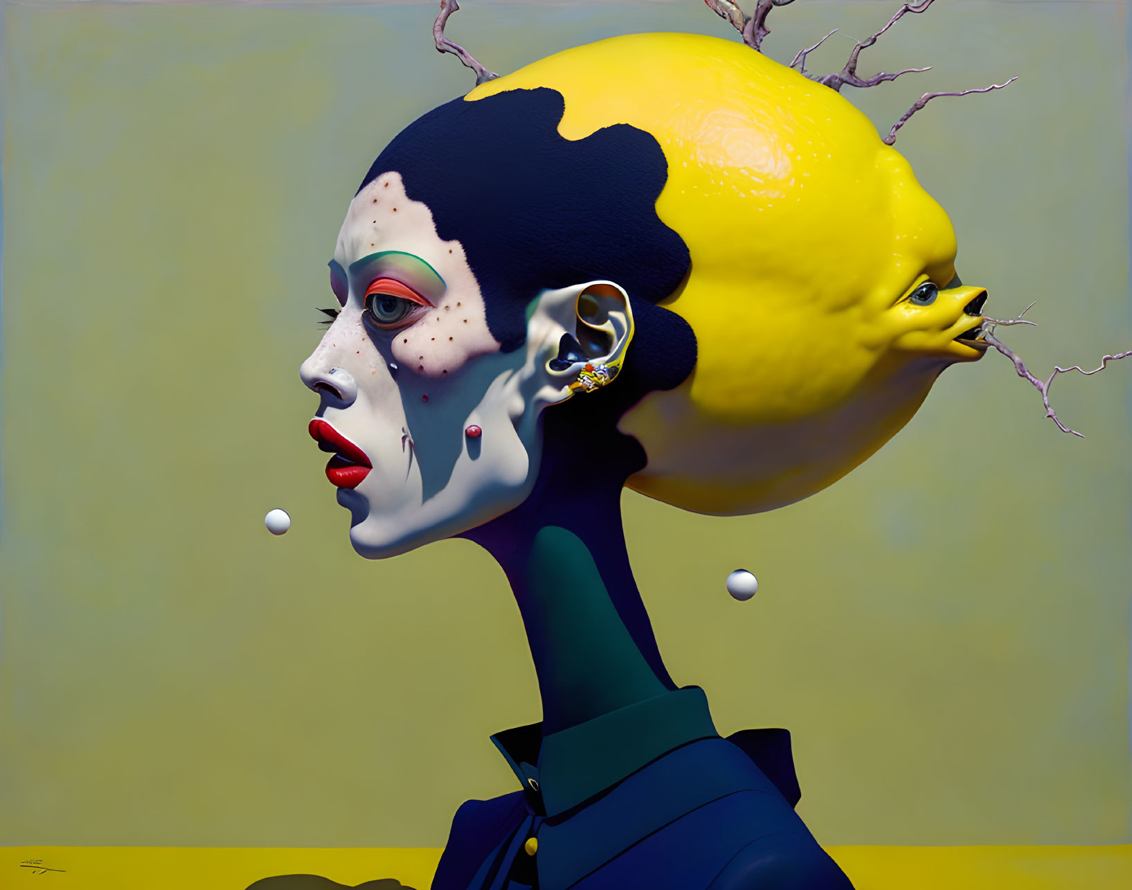 Surreal portrait featuring lemon-headed figure, floating pearls, blossoming branch on yellow backdrop