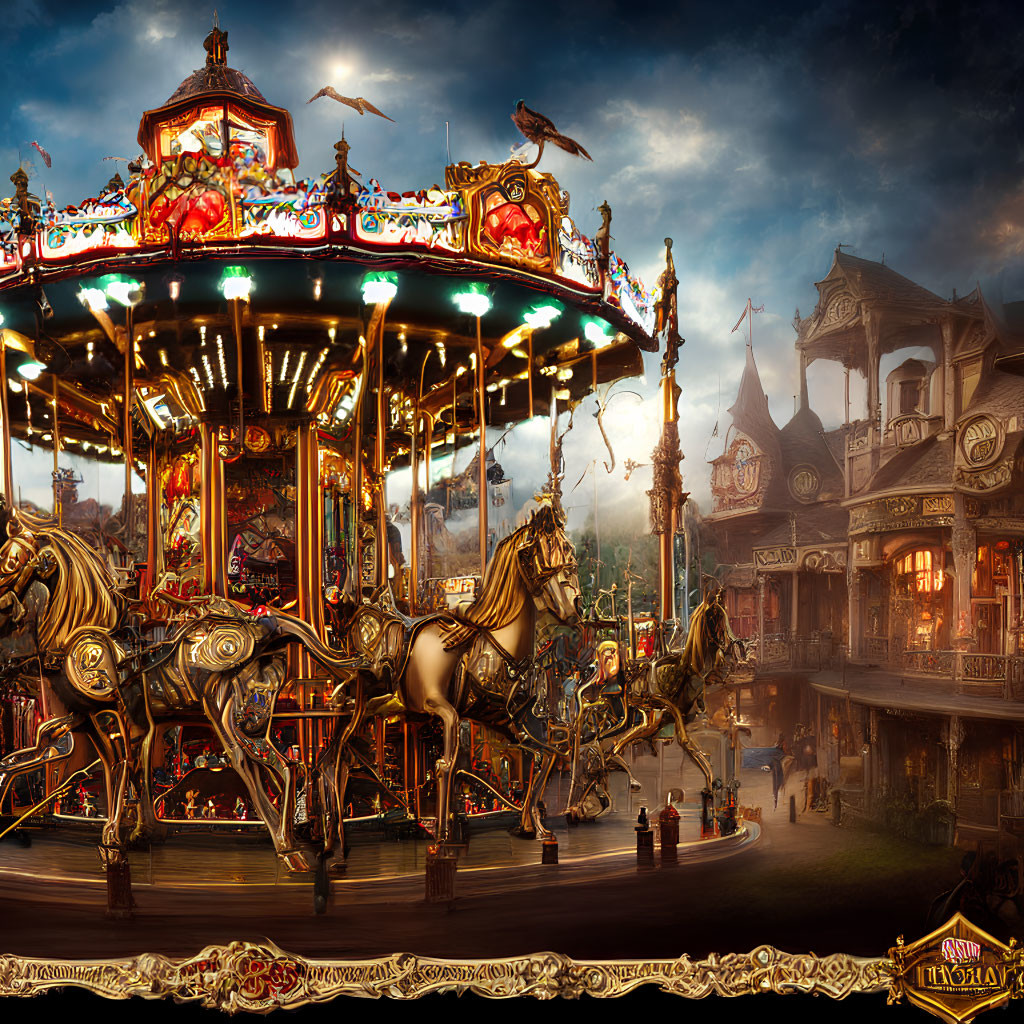 Intricate Golden Horse Carousel in Twilight Fairground