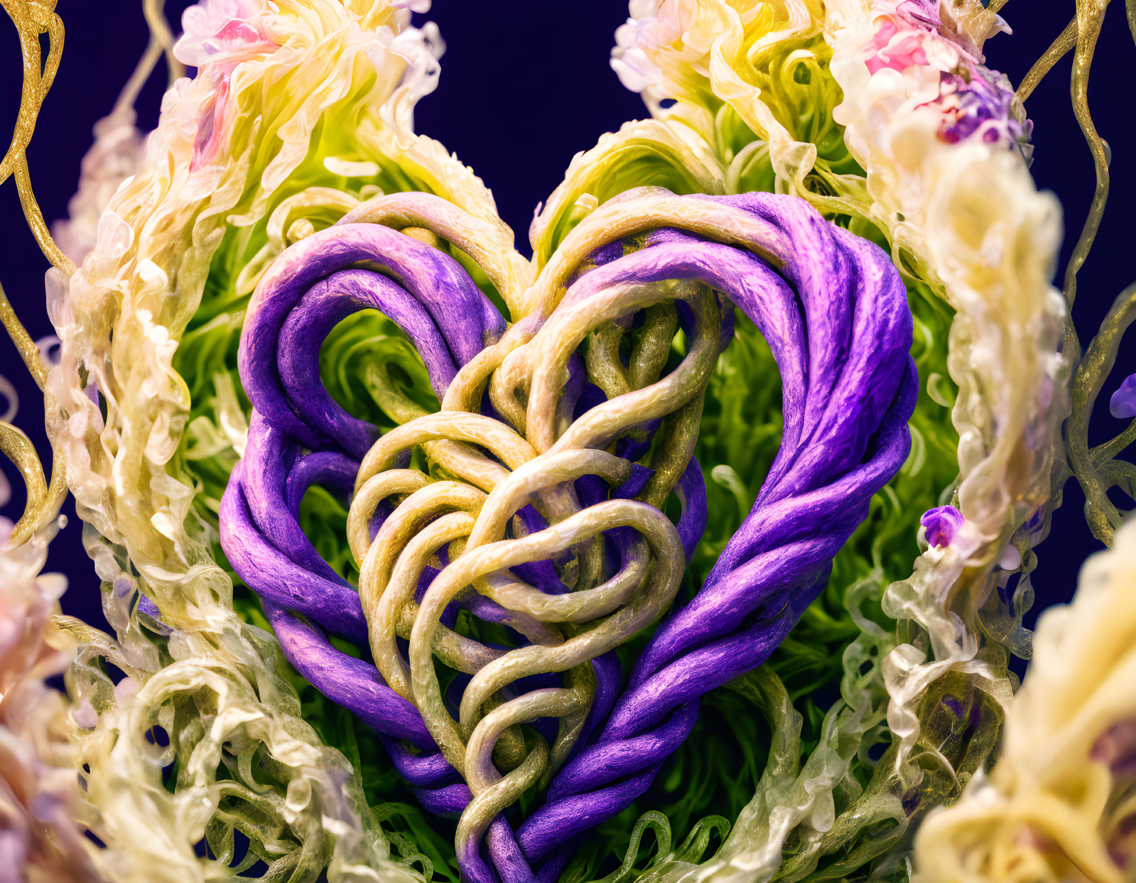 Colorful Heart-Shaped Purple Ropes in Floral Frame on Dark Background