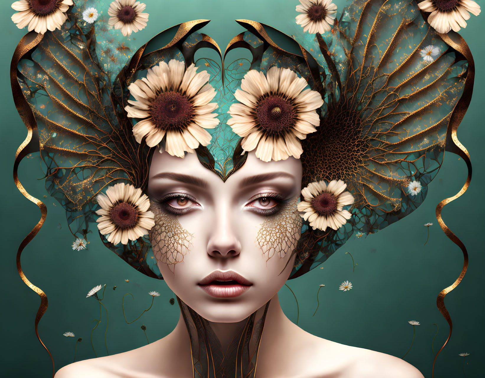 Fantastical portrait of a woman with sunflower and butterfly elements on teal background