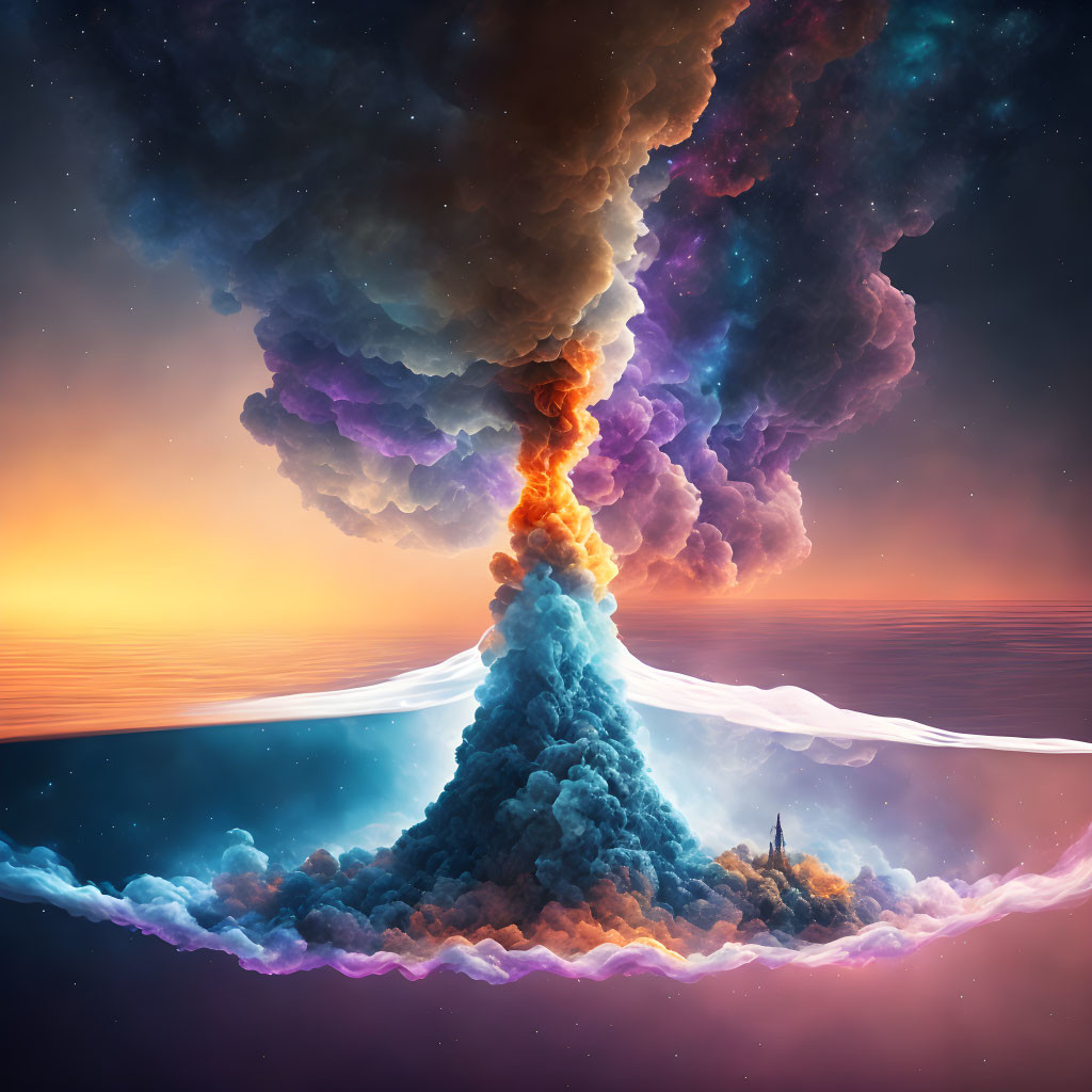 Colorful volcanic eruption over ocean with lighthouse under starry sky