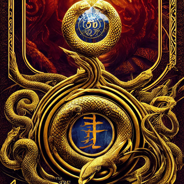 Golden dragons and mystical orbs with ancient symbols on crimson textured background