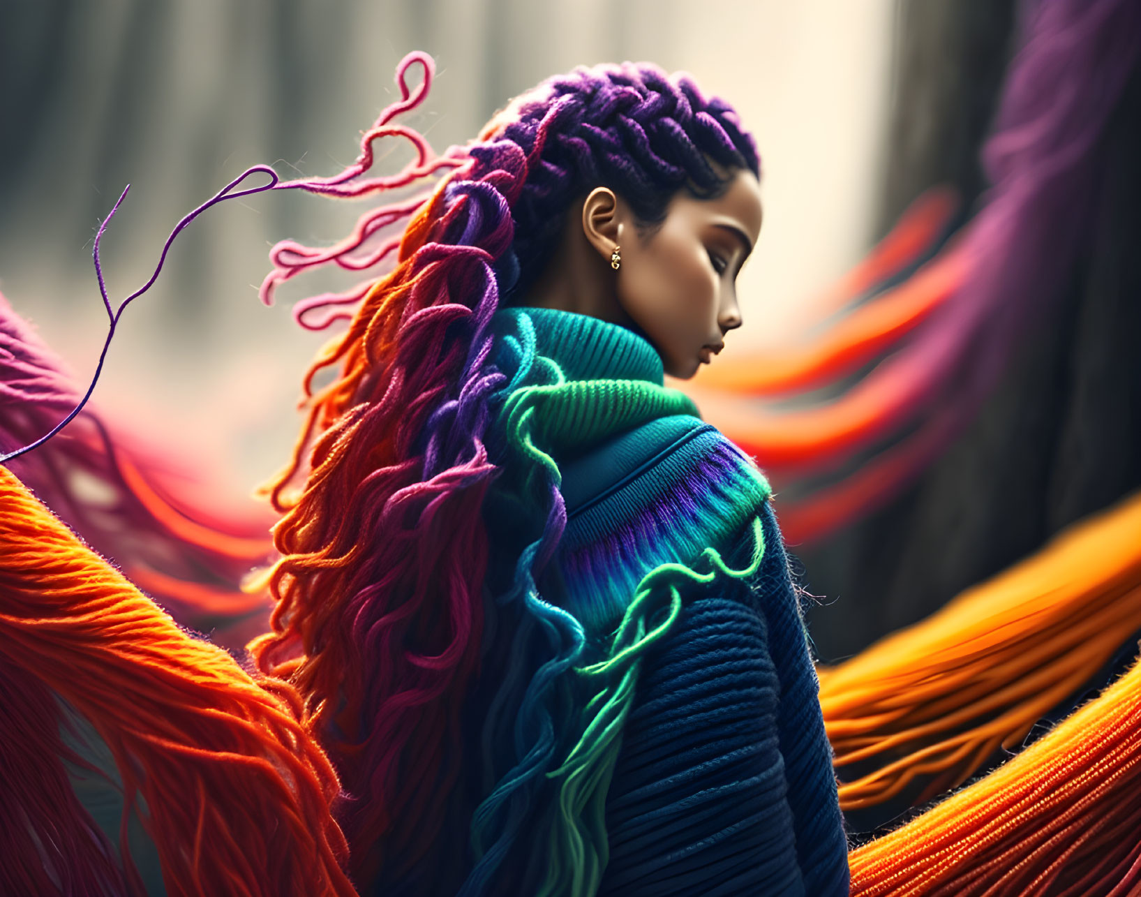 Vibrant multicolored braided hair profile in wind.