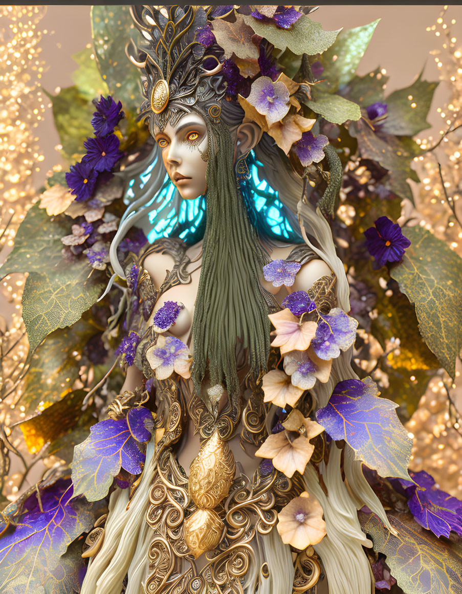 Fantasy figure adorned with leaves, flowers, and vines on warm backdrop