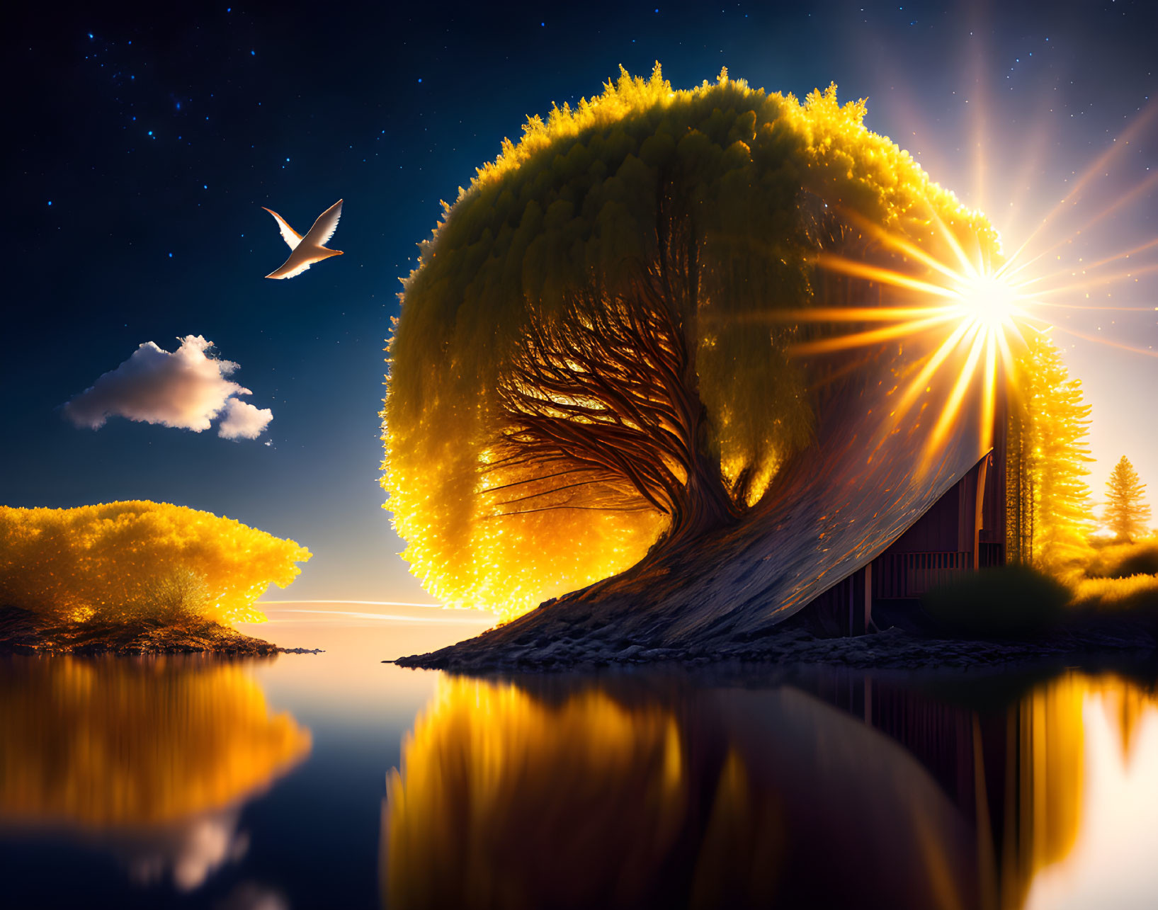 Glowing tree, bird in flight, radiant light beams in surreal scene