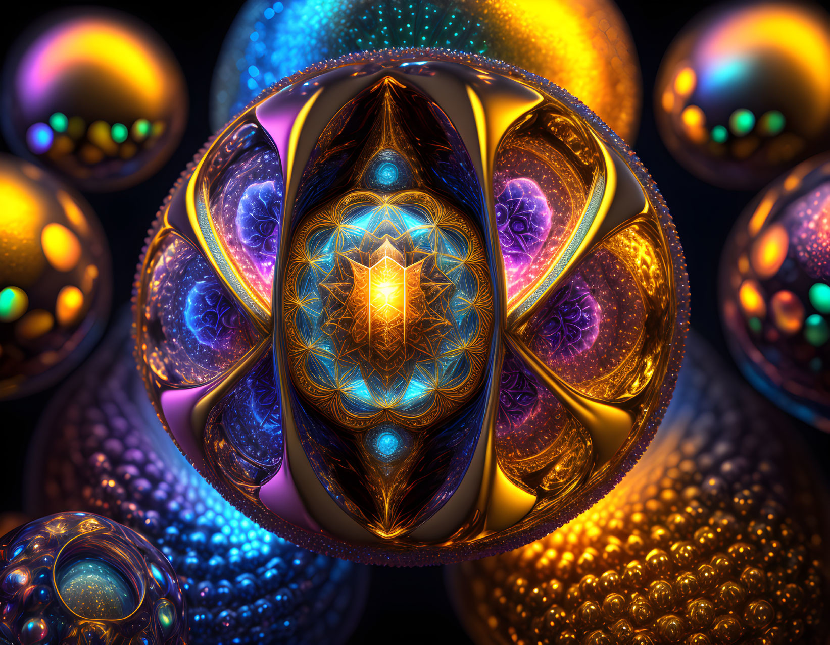 Colorful Fractal Image with Radiant Symmetrical Pattern and Glowing Orbs