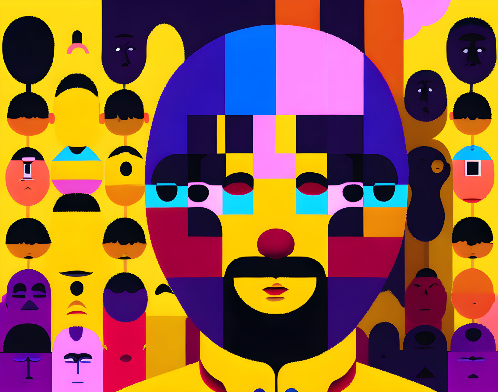 Vibrant geometric artwork of central and abstract faces in colorful palette