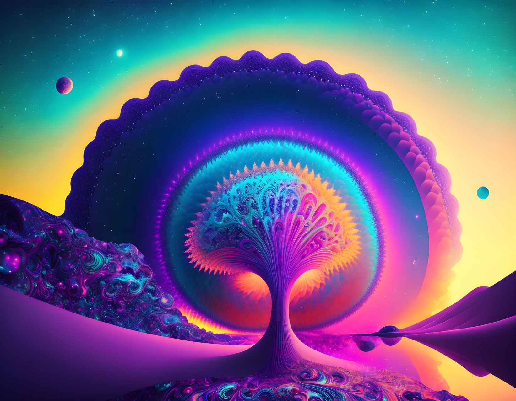 Colorful fractal tree art under cosmic sky with planets