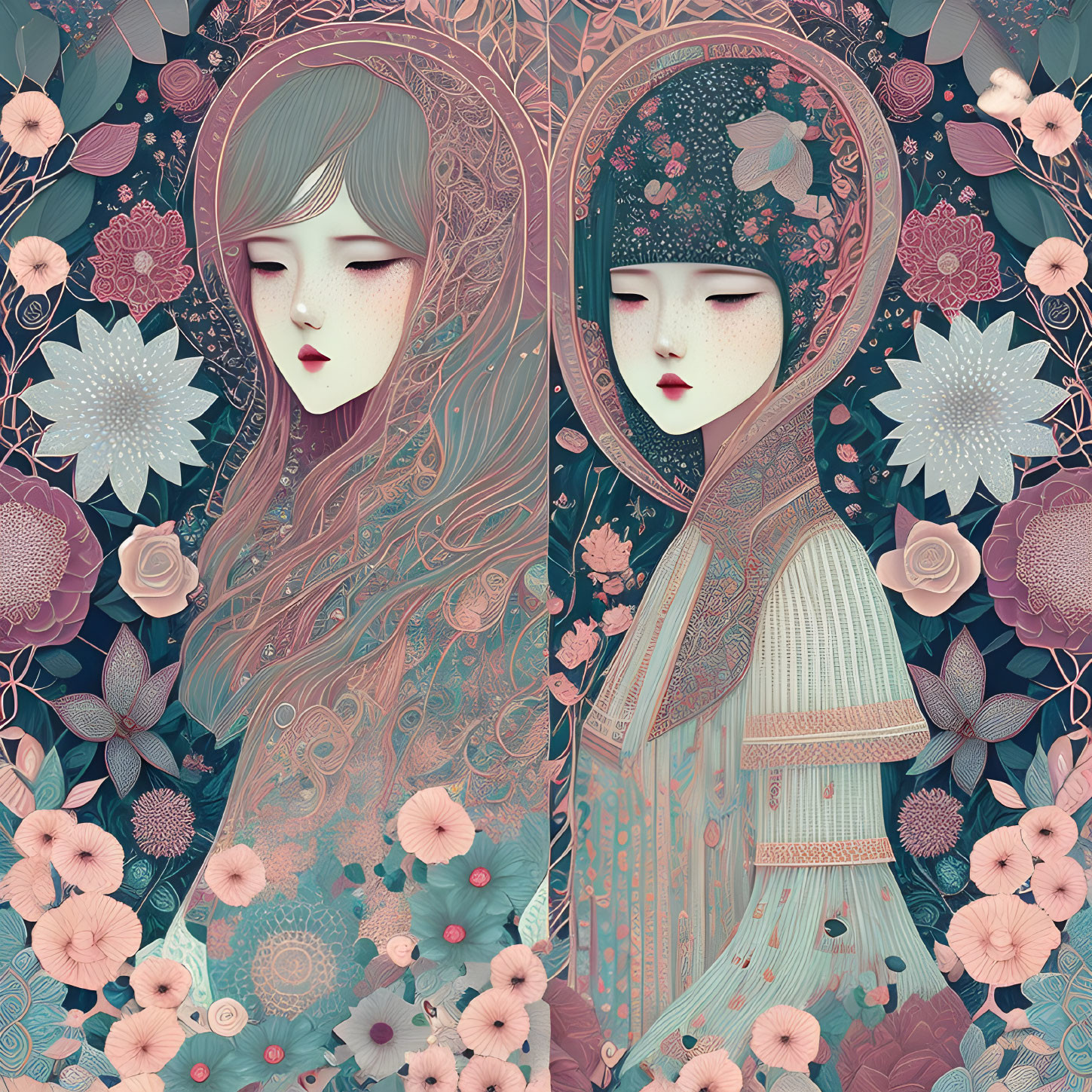 Ornate headscarves on two women in floral symmetrical design