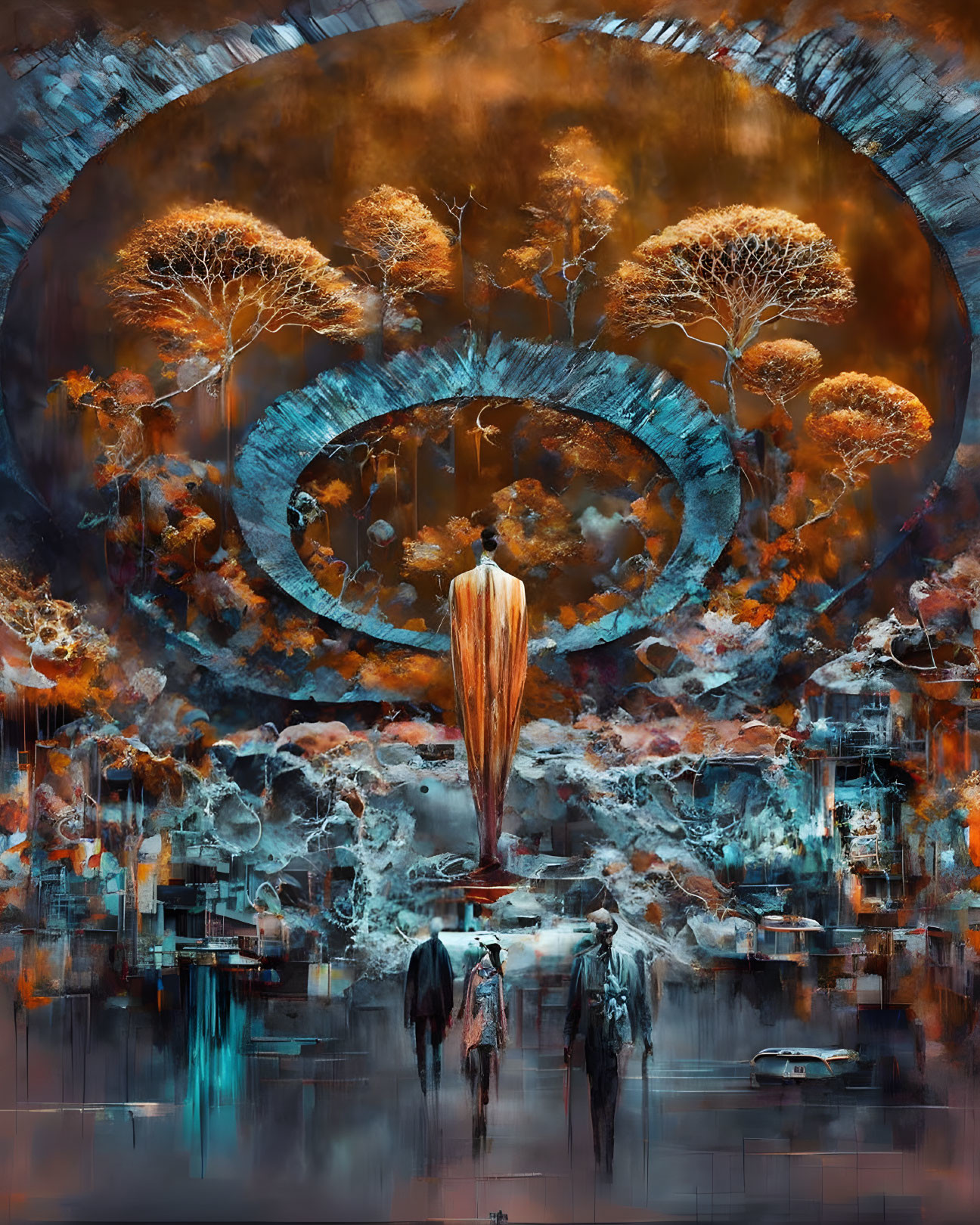 Surreal fiery landscape painting with figures and celestial motif