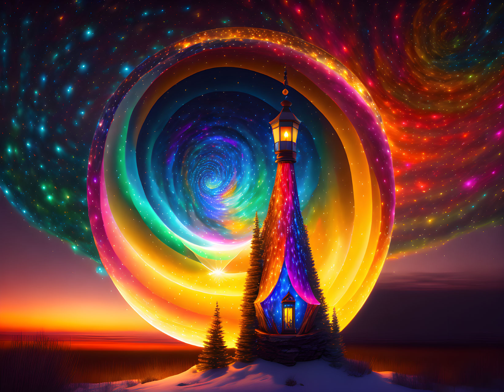 Starry galaxy sky over a vivid lighthouse at twilight