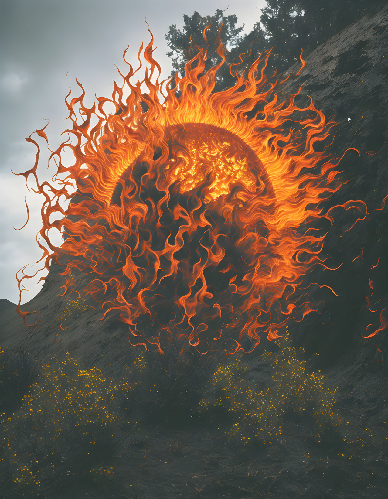 Swirling flames orb against rocky landscape with yellow flowers