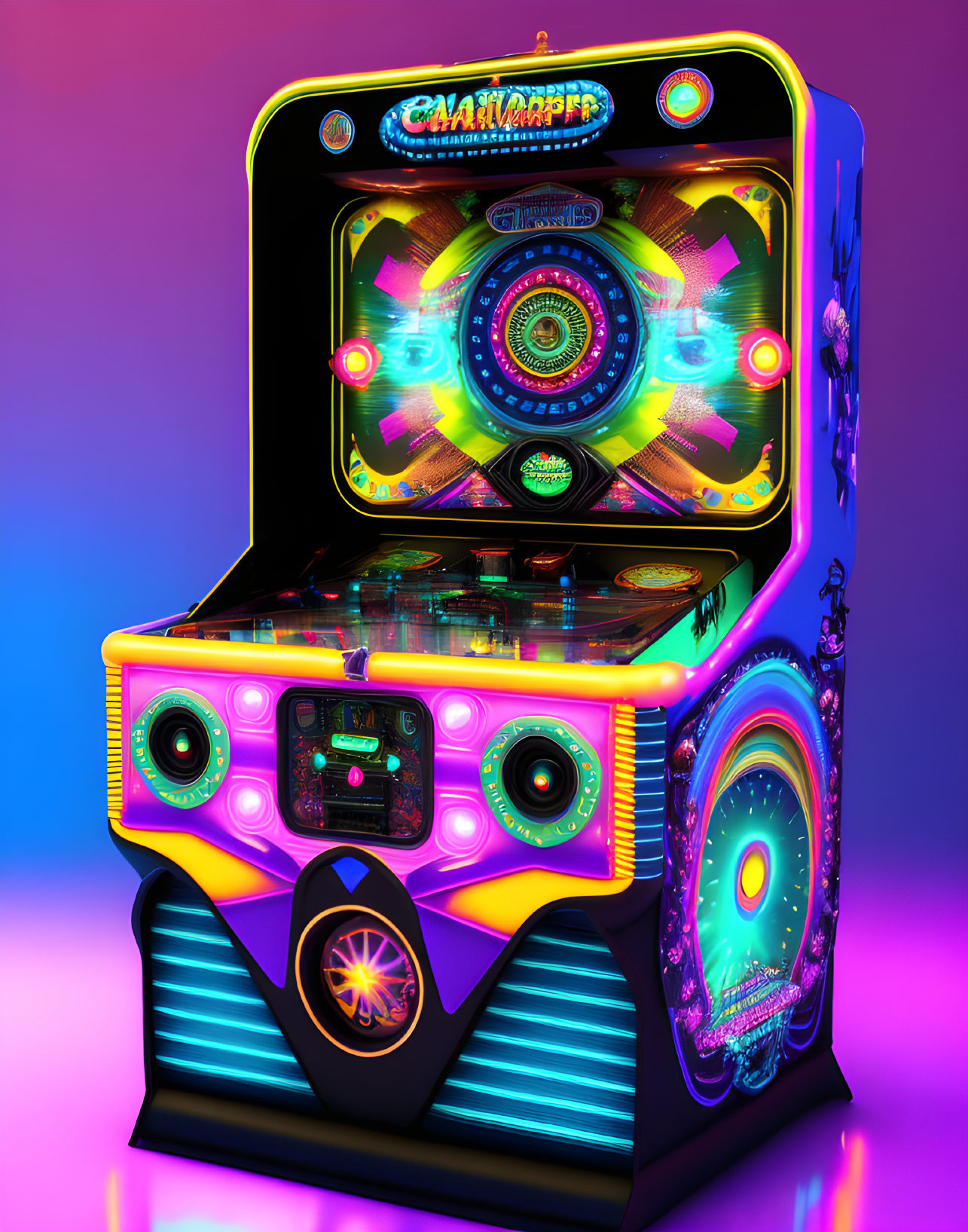 Neon-lit arcade machine with spinning wheel game on vibrant background