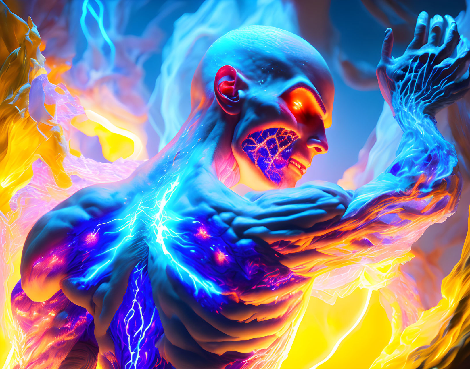 Vibrant digital art: Blue muscular figure with glowing veins in fiery backdrop