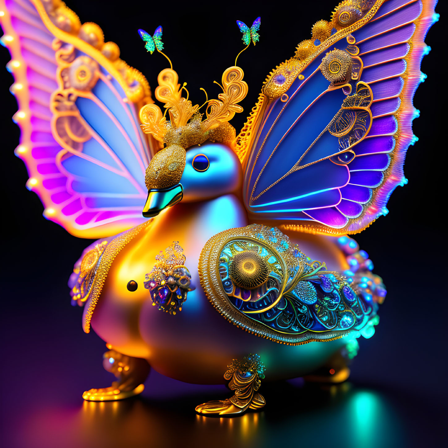 Colorful digital artwork: Whimsical peacock with glowing ornate wings in gold, blue,