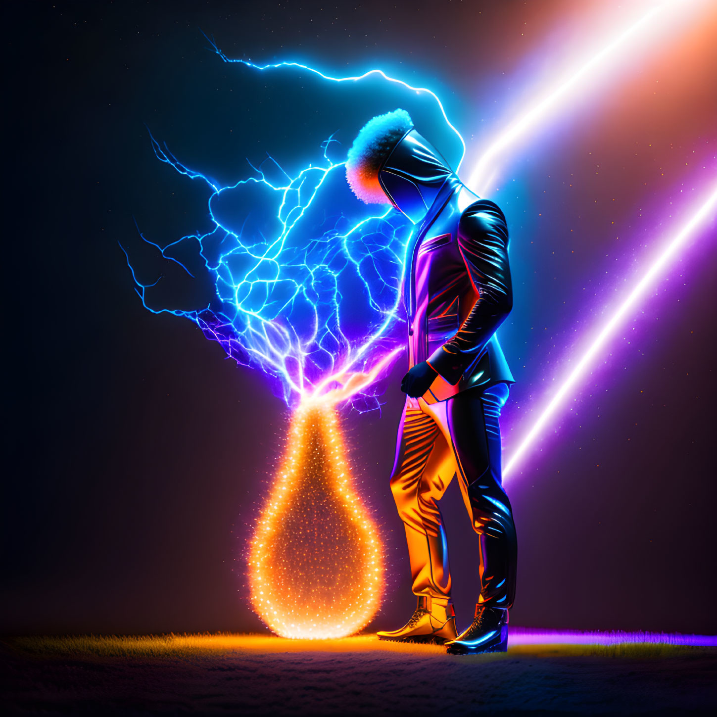 Silhouette in glowing outfit with fiery teardrop under neon sky