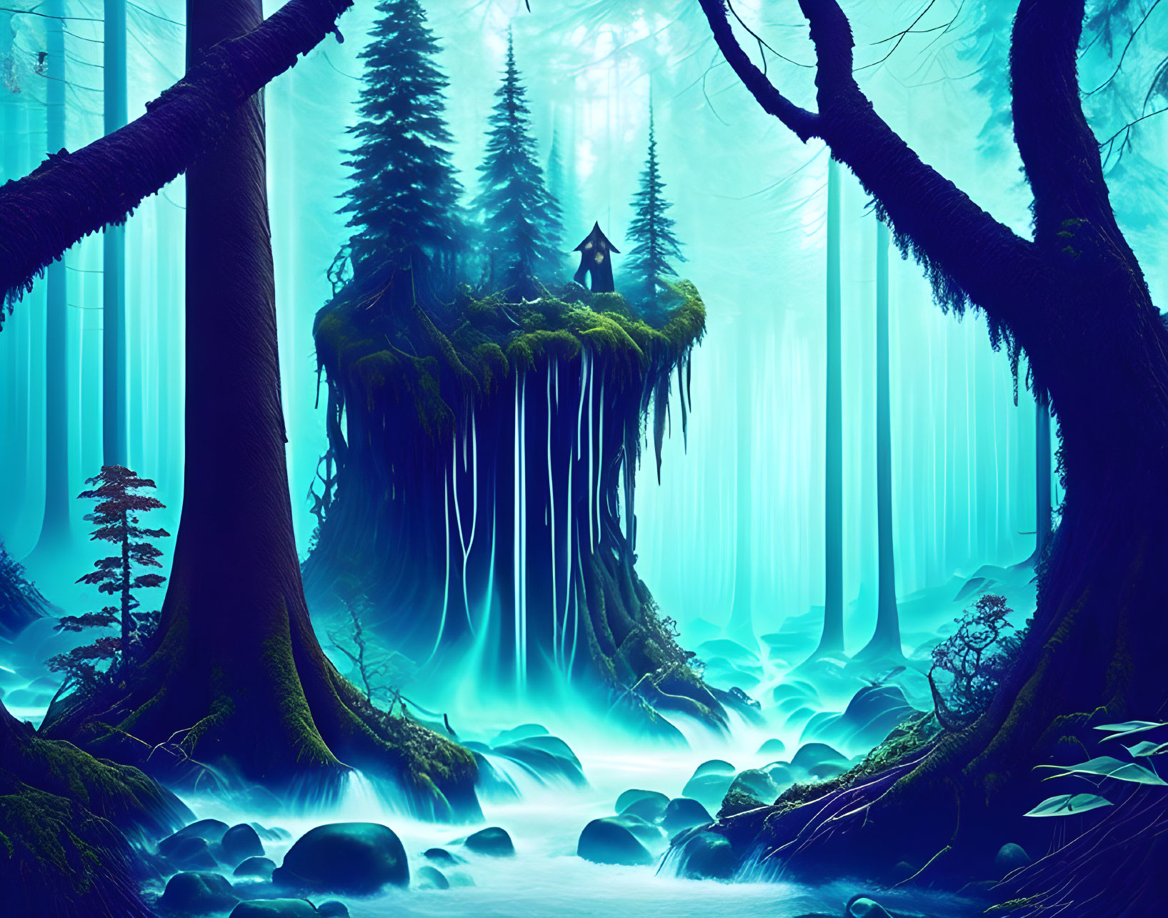 Mystical blue forest with towering trees, floating island, lone figure, serene stream