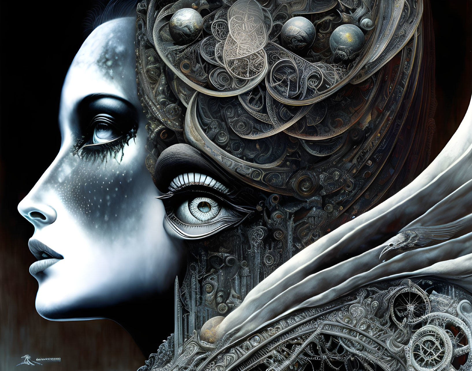 Detailed digital artwork: Woman with mechanical headdress, intricate gears & patterns, fantasy/sci-fi aesthetic