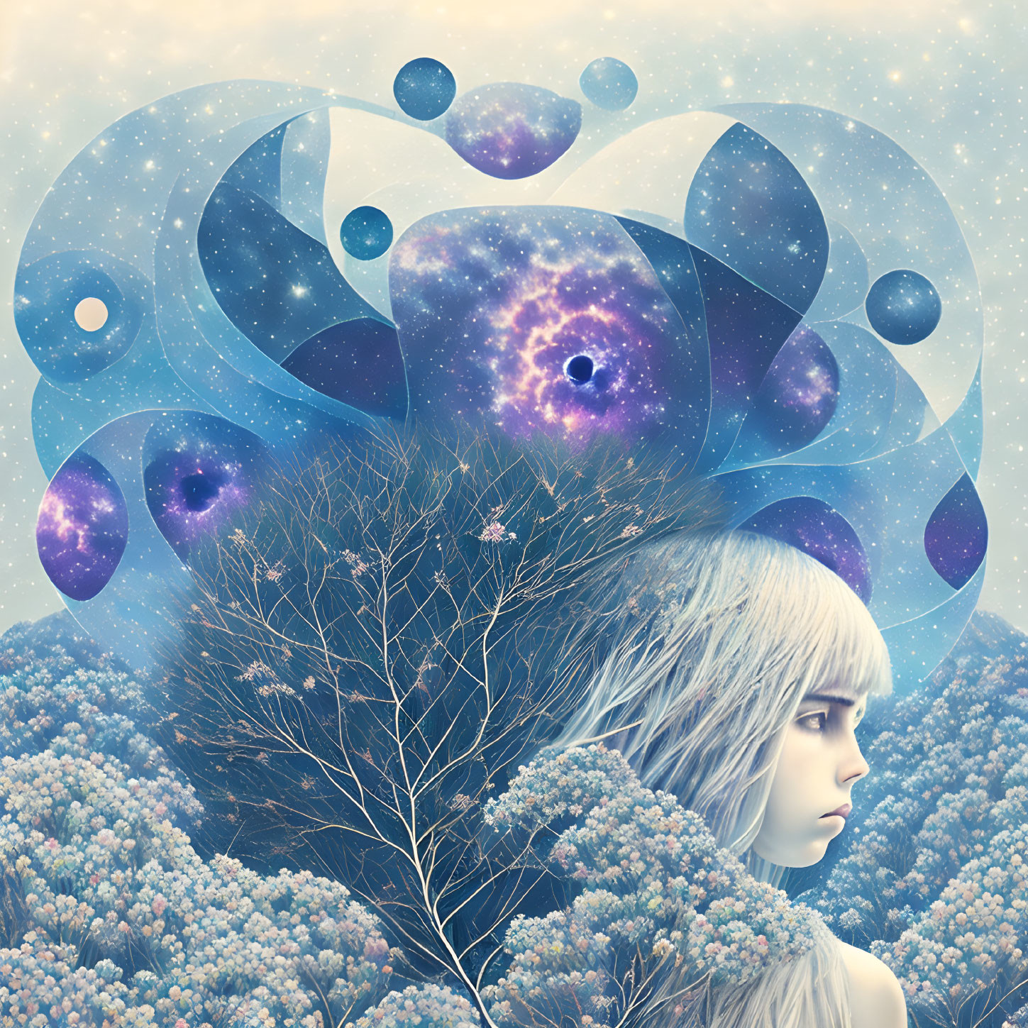 Surreal cosmic-themed woman in abstract mind over flower field blending into tree