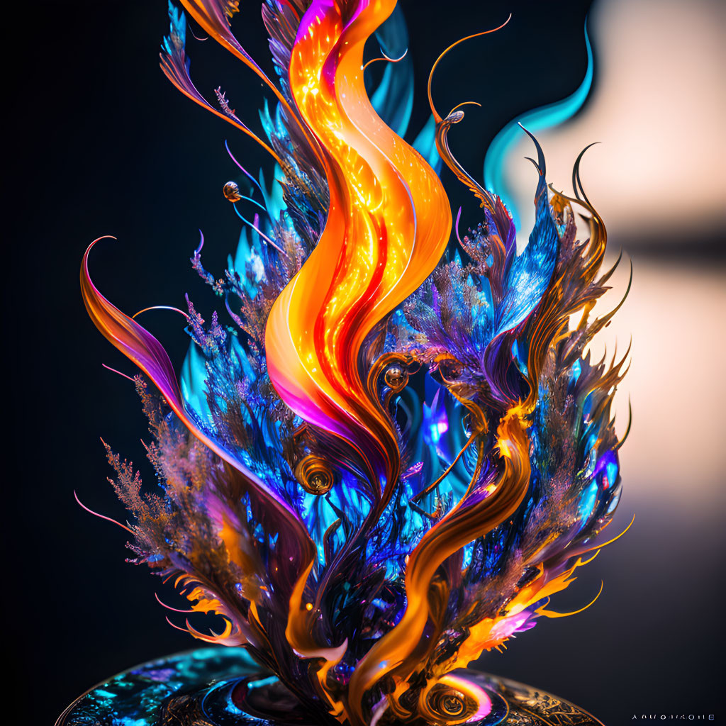 Colorful digital artwork of a fantastical flame on patterned base