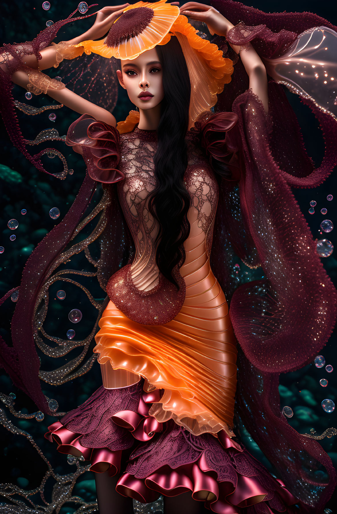 Surreal illustration of woman in orange and maroon dress with underwater elements