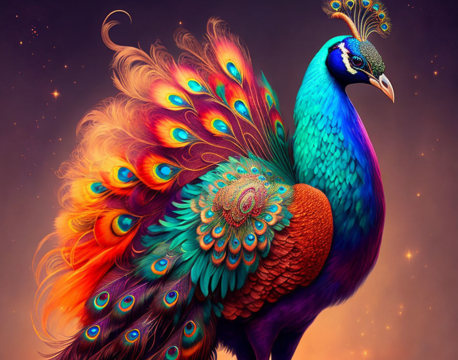 Colorful peacock displaying tail feathers on warm starry backdrop