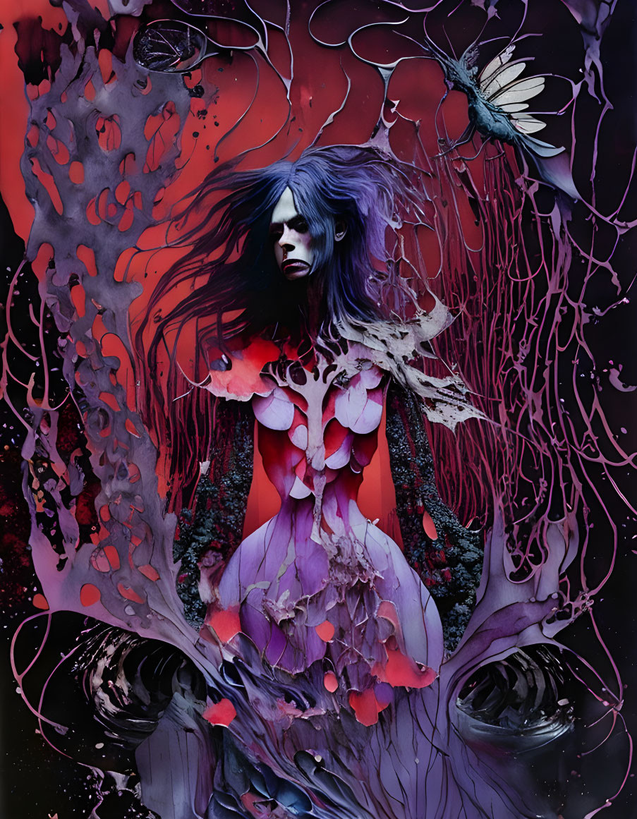 Ethereal figure with skeletal wings in swirling red and purple hues