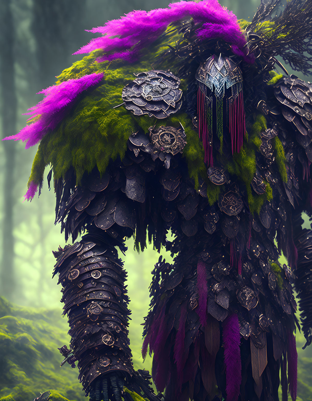 Fantastical creature with moss, purple feathers, and scales in misty forest