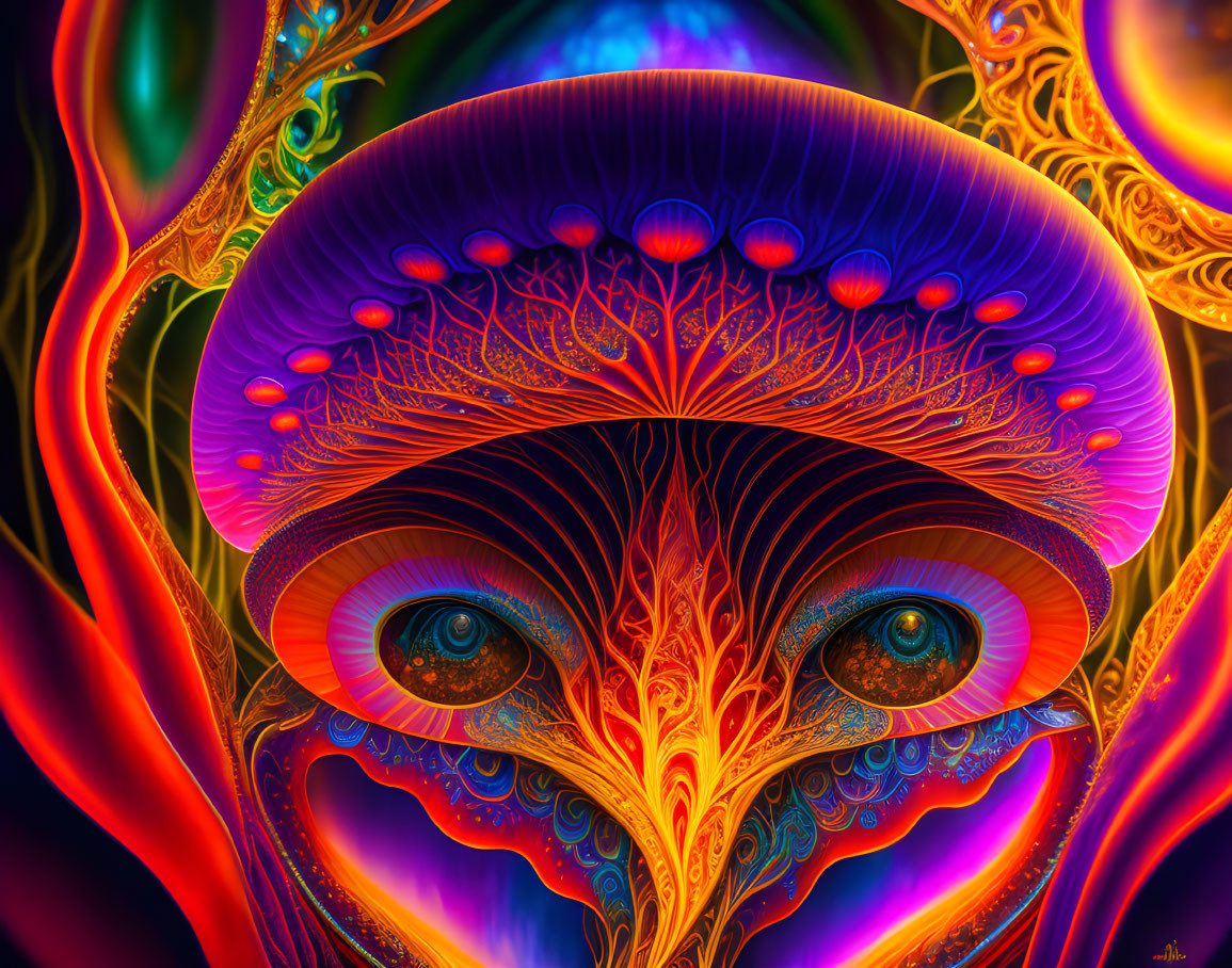 Colorful digital artwork: jellyfish-like form with intricate patterns and human-like eyes surrounded by fractal