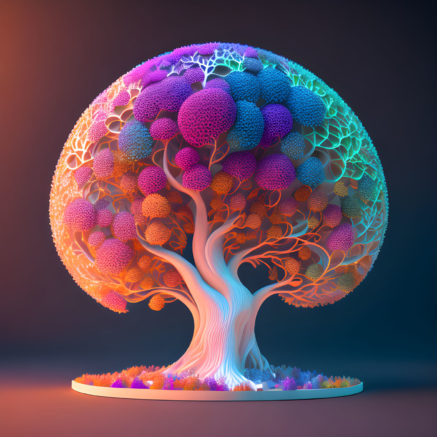 Colorful 3D-rendered tree with intricate lace patterns and spherical textures