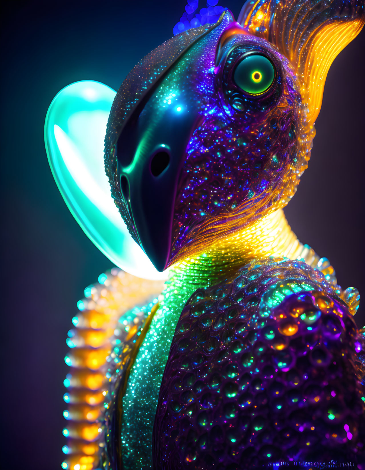 Colorful Stylized Bird Artwork with Intricate Patterns and Glowing Edges