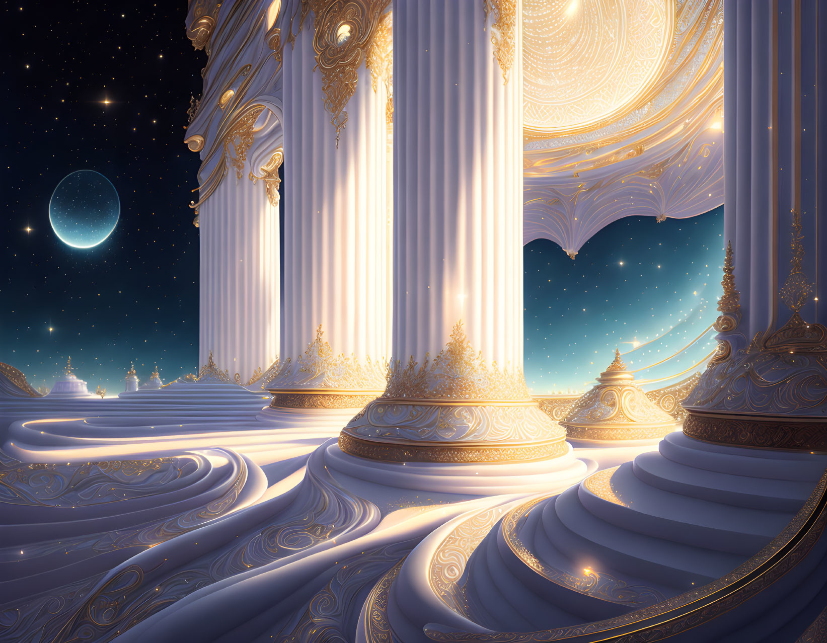 Surreal palace with golden details under starry night sky