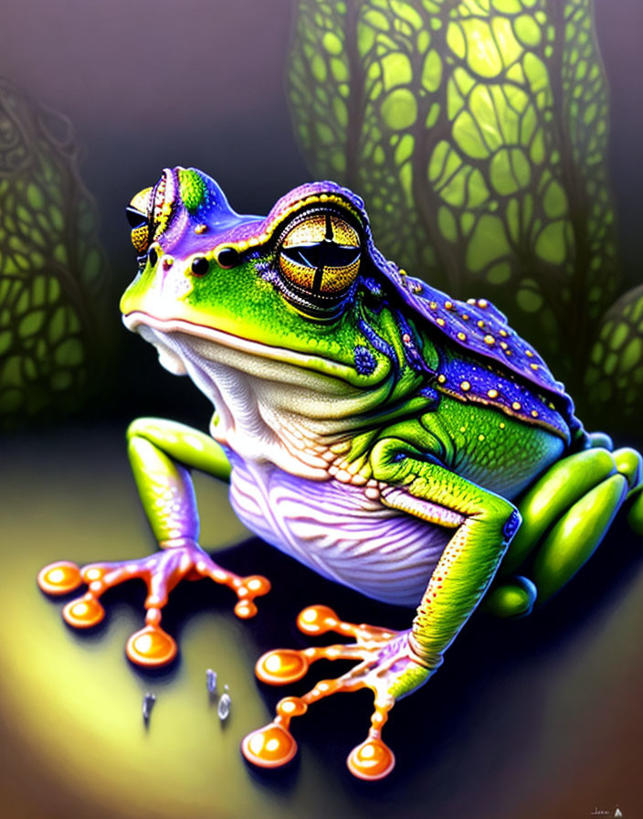 Vibrant green and purple frog with intricate patterns among orange mushrooms