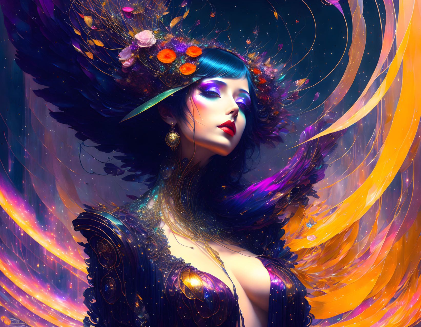 Vibrant digital portrait of a woman with ornate headdress & fantasy-inspired design