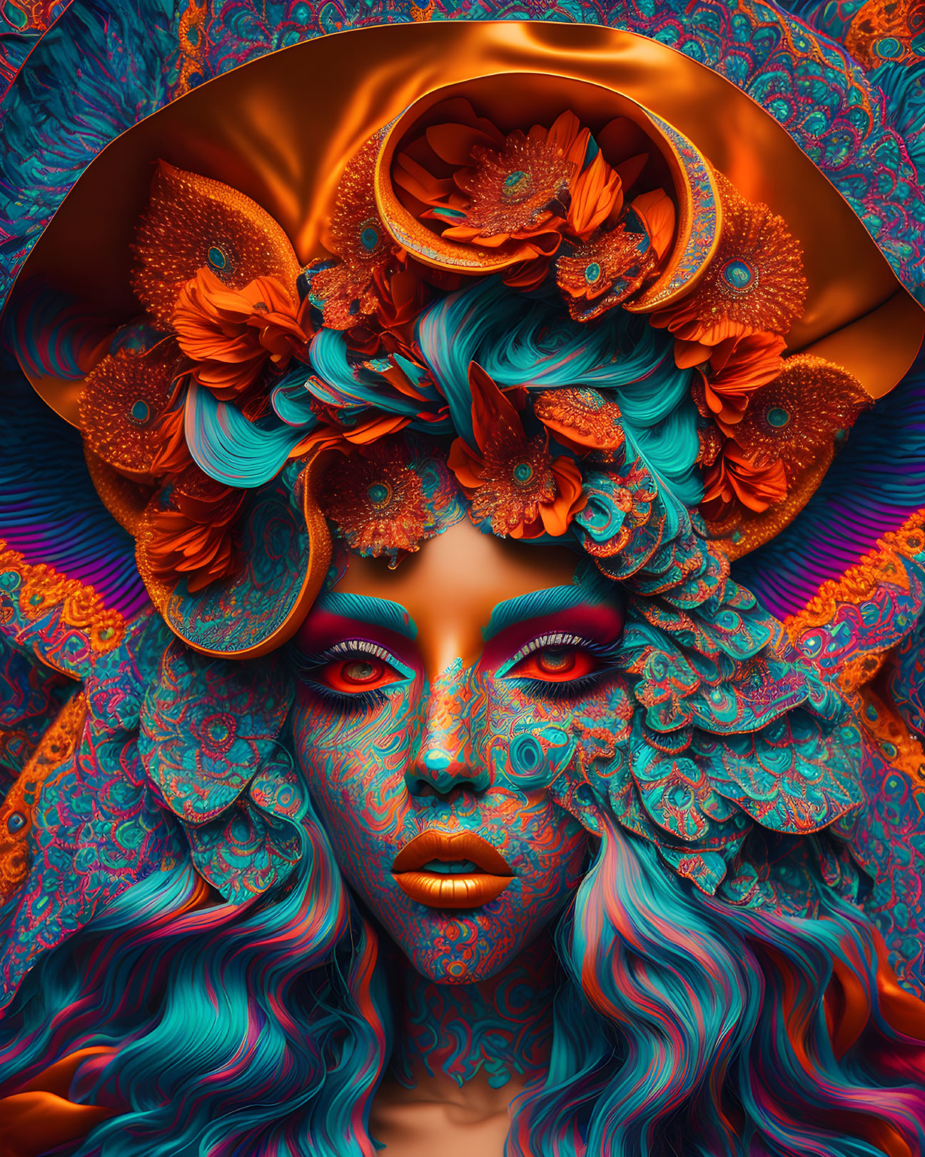 Colorful digital artwork featuring female figure with intricate orange and turquoise patterns and floral elements.