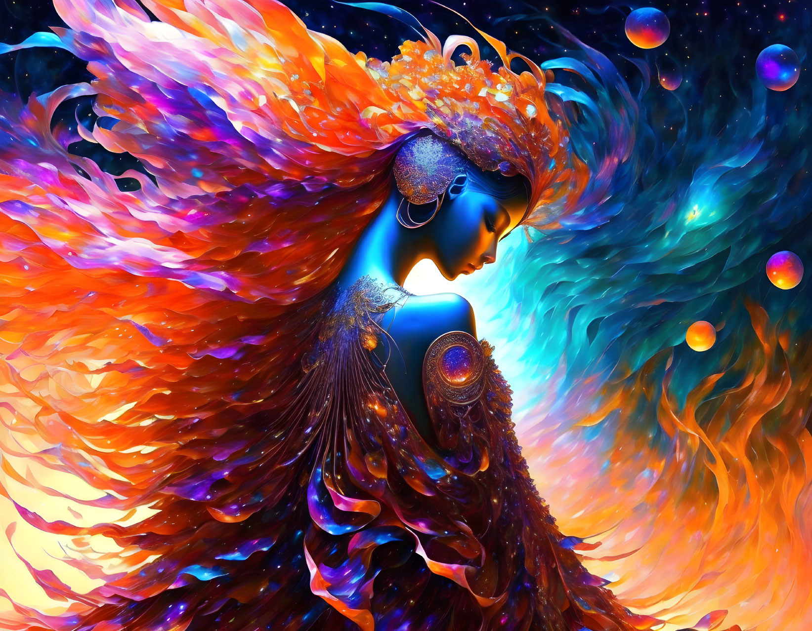 Colorful digital artwork: humanoid figure with wings and ornate headgear in cosmic setting.