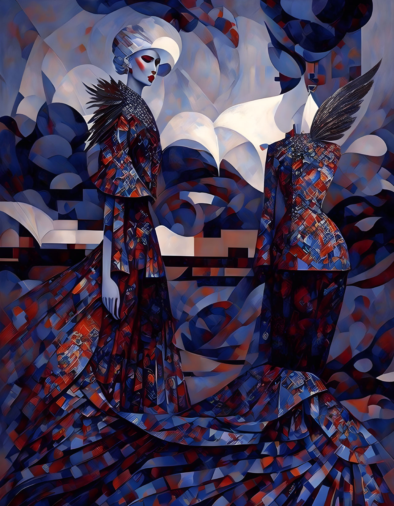 Abstract Patterned Dresses with Winged Shoulders on Swirled Blue Background