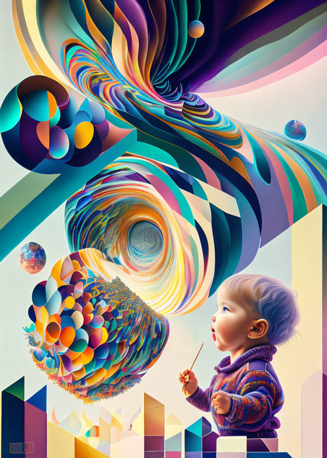 Vibrant digital artwork: Child blows bubble into geometric vortex