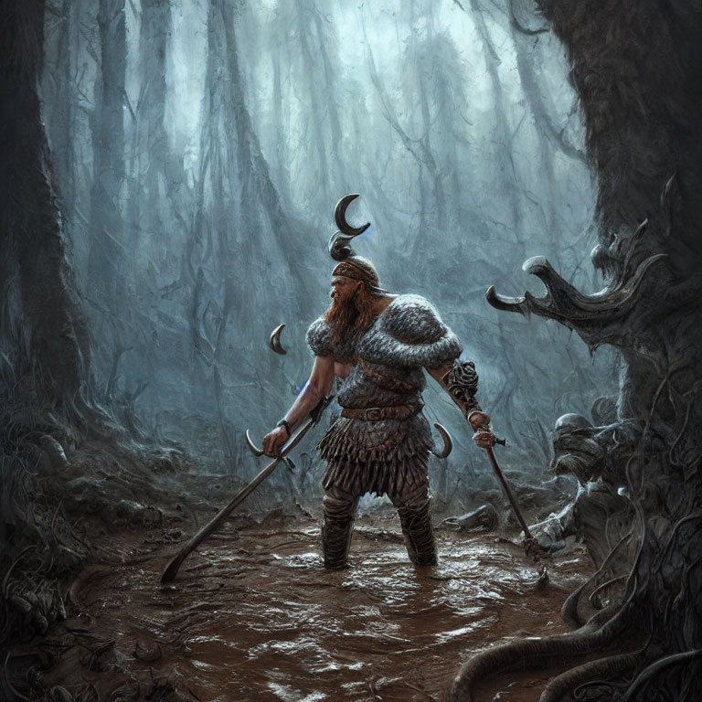 Burly warrior in fur armor wields axes in dark, misty forest.