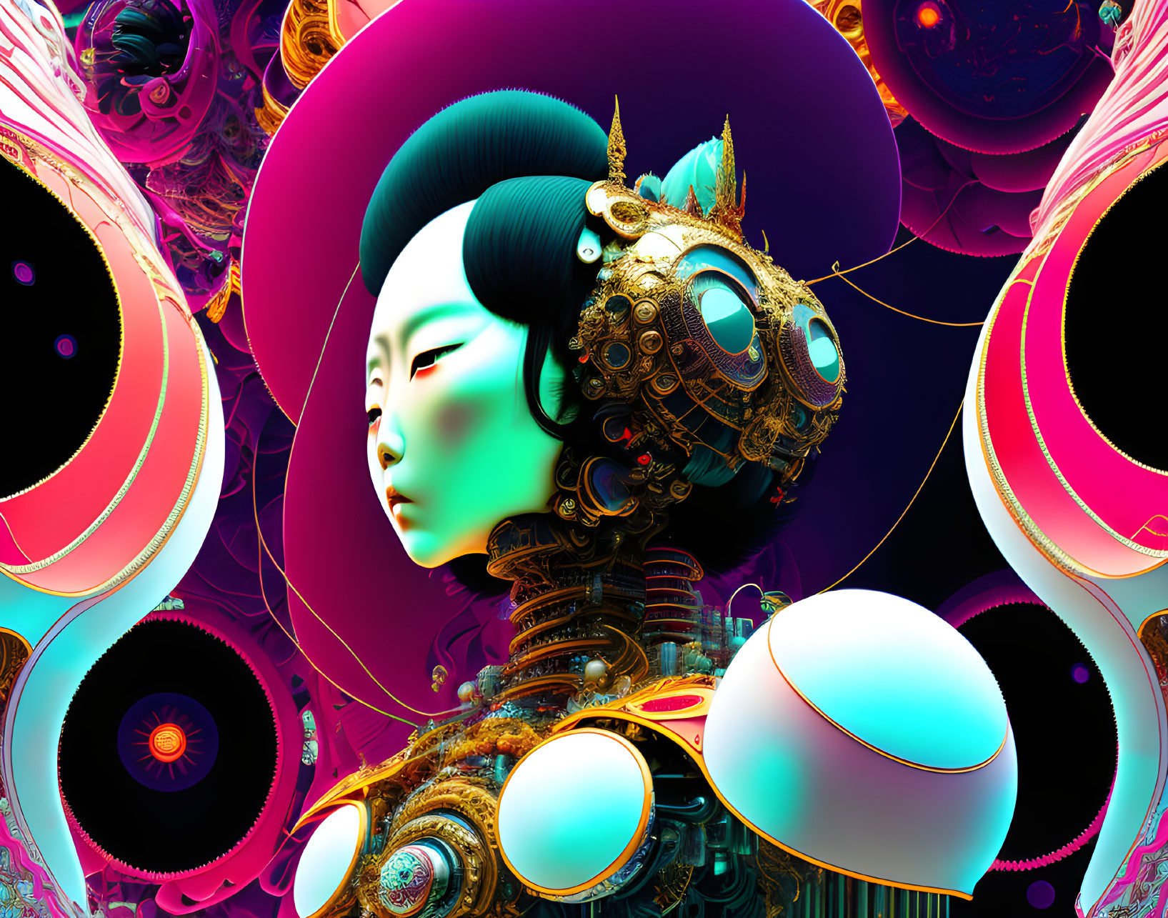 Colorful surreal digital artwork with futuristic figure and intricate headgear