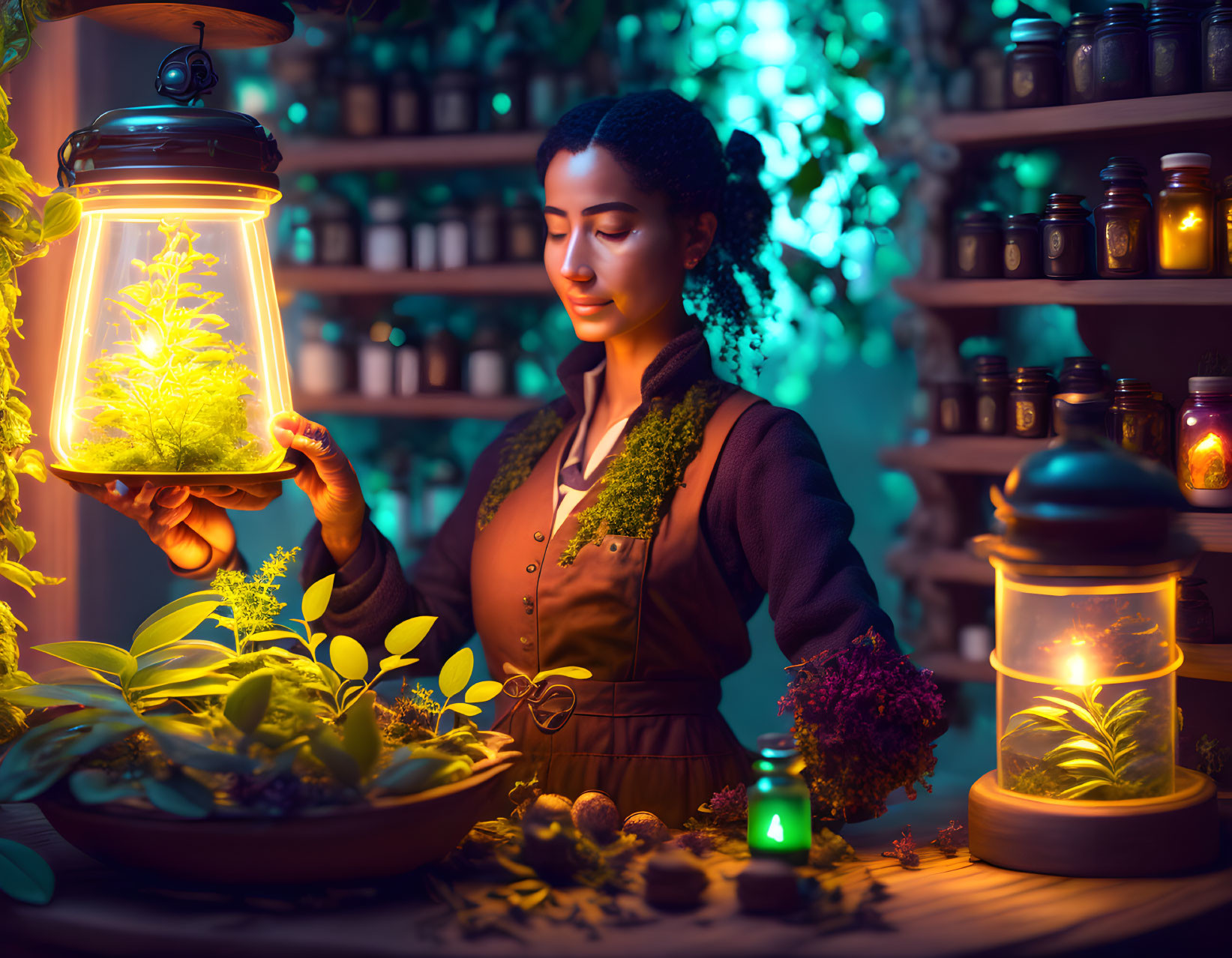 Vintage dress woman examines glowing plant in whimsical botanist's workshop