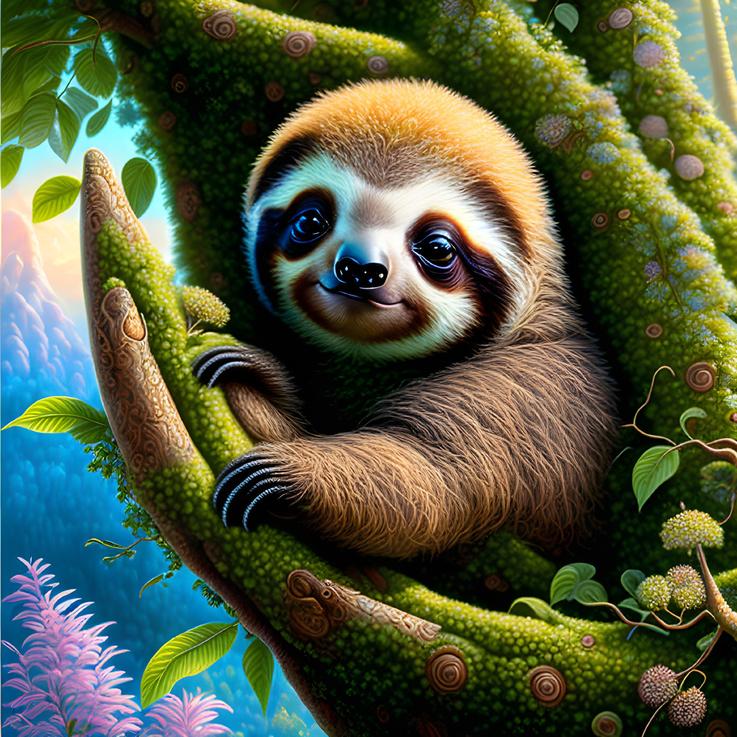 Colorful Smiling Sloth on Branch with Lush Foliage