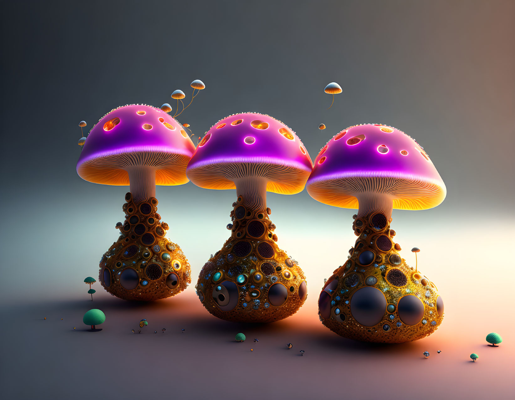 Vibrant purple and golden mushrooms on gradient backdrop