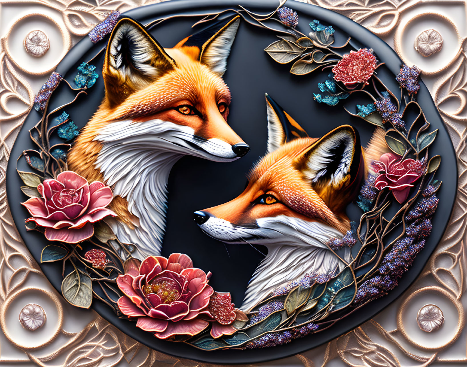 Detailed illustration of two foxes in circular frame with flowers and gemstones